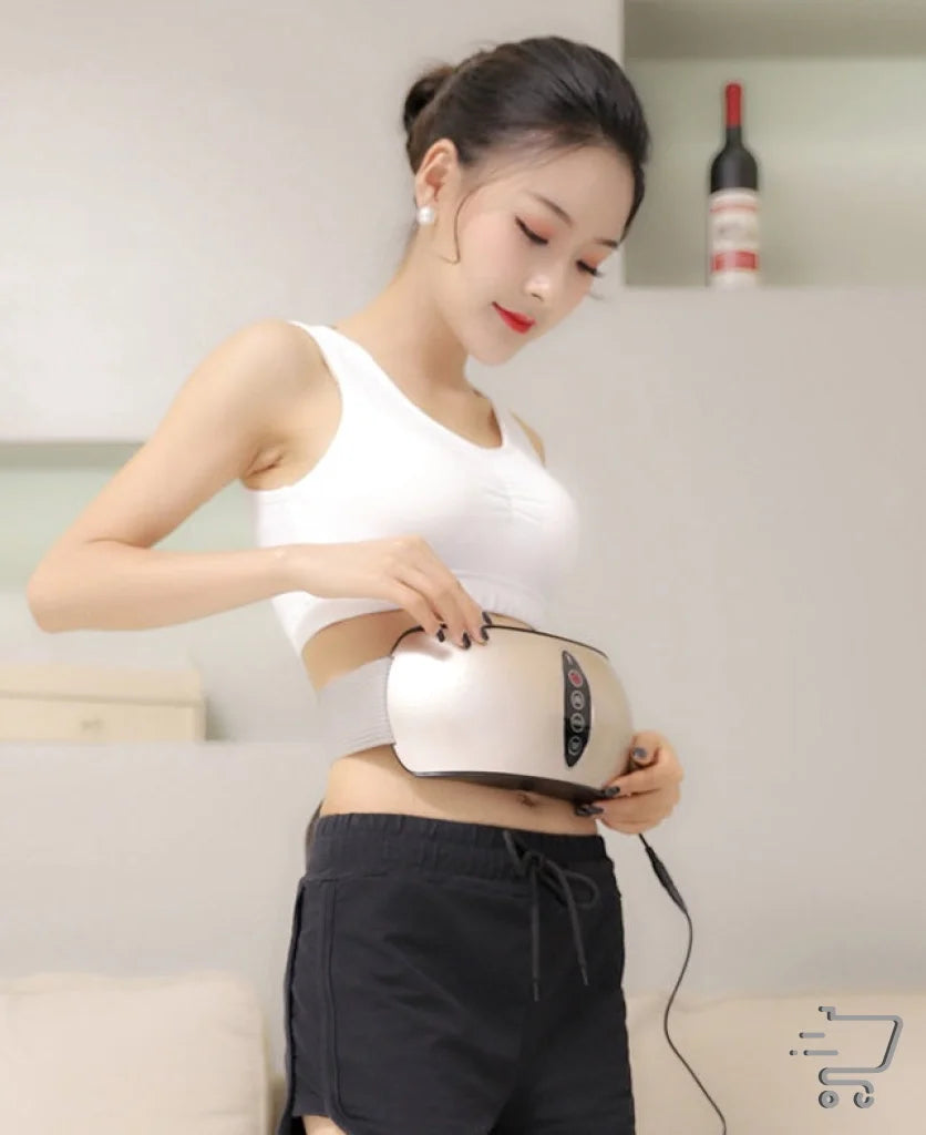 Electric massage belt wrapped around midsection of a person, featuring 12V 10W compact design