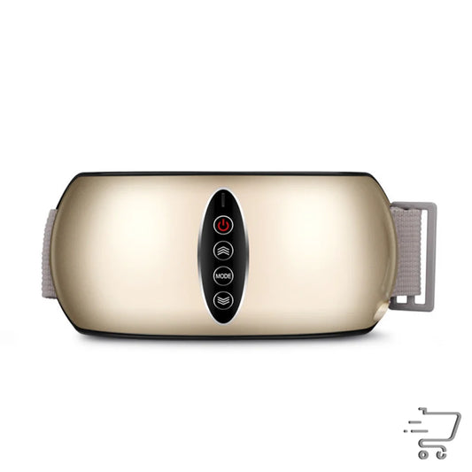 Oval-shaped 12V 10W compact massage device in metallic gold with control buttons