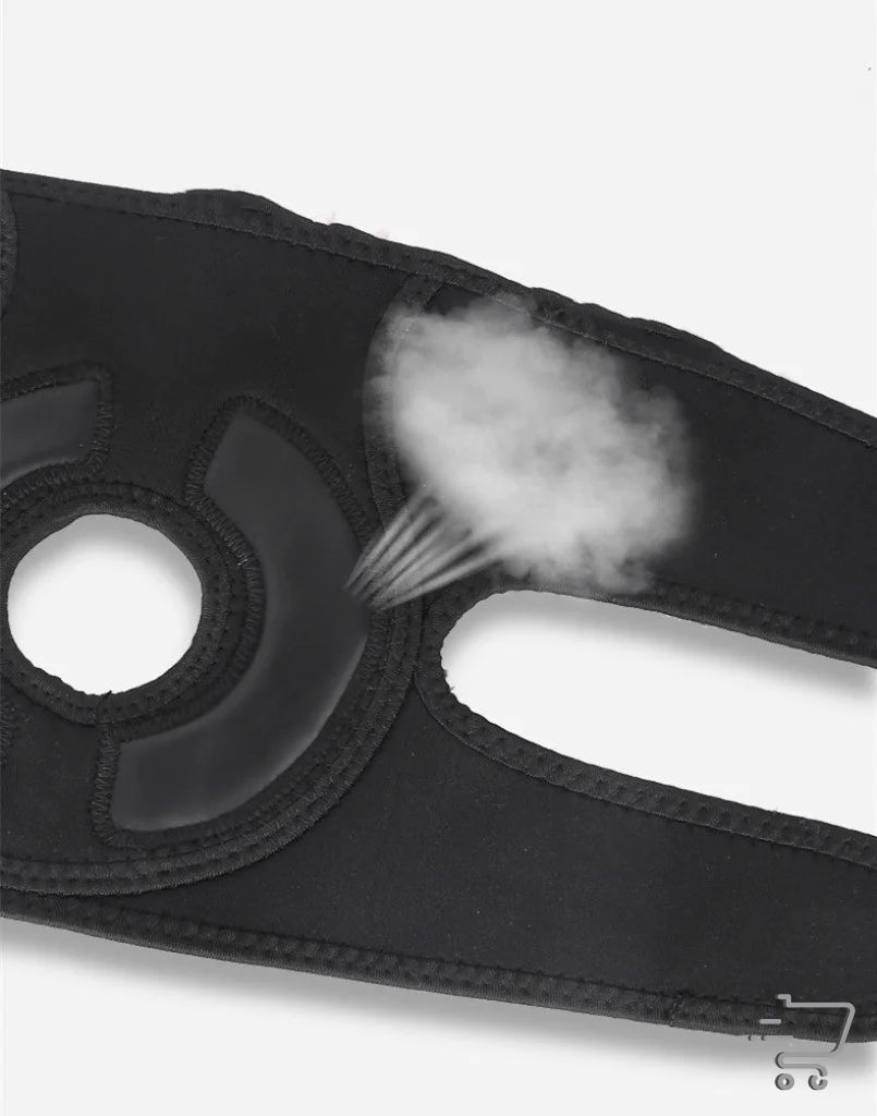 Black face mask with valve and breath, beside Adjustable Knee Pad with Velcro fastening