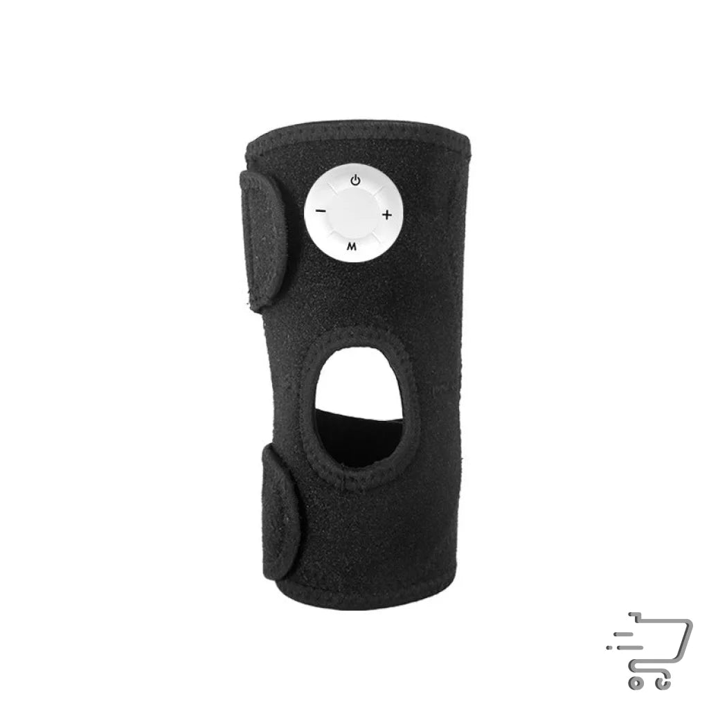 Black adjustable knee pad featuring a circular control panel and Velcro fastening