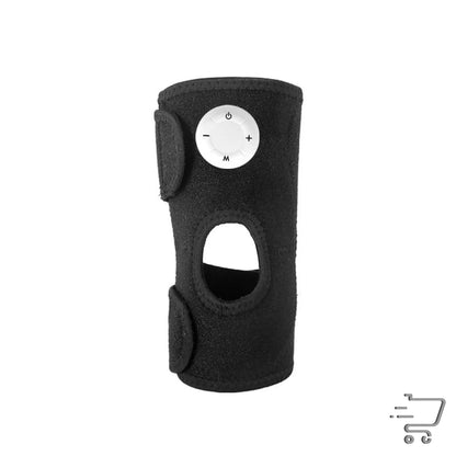 Black adjustable knee pad featuring a circular control panel and Velcro fastening