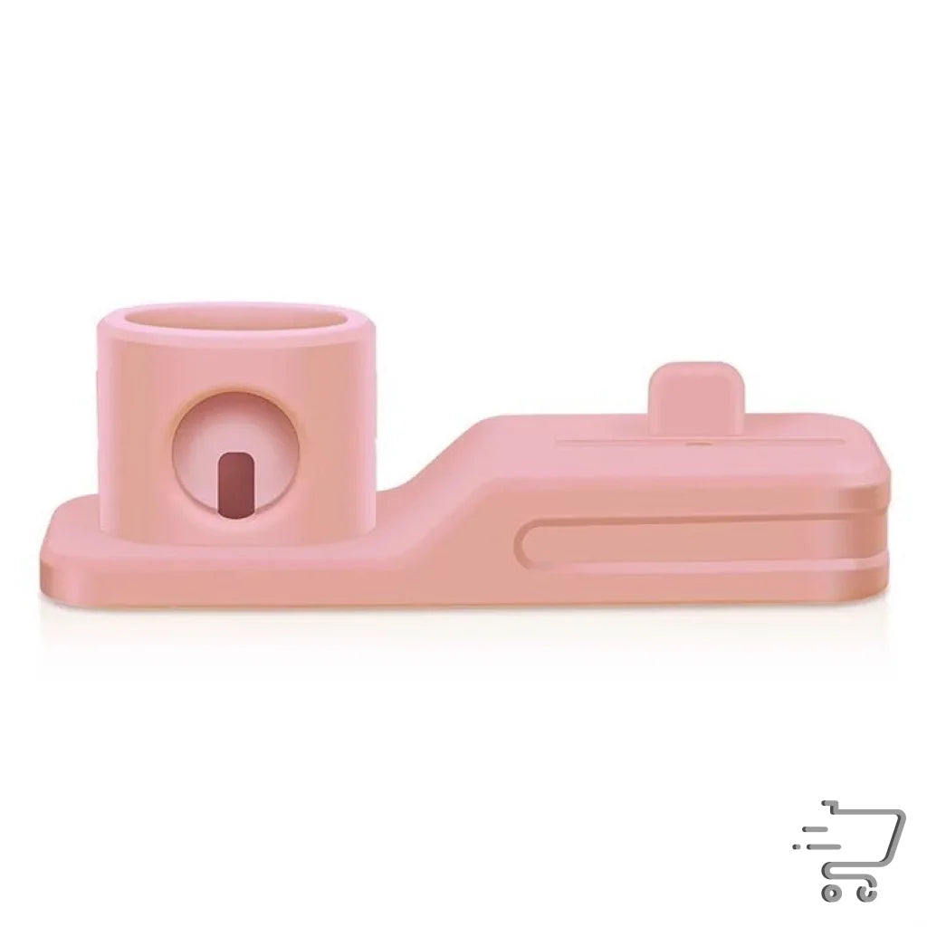 Pink plastic phone stand with circular holder, a unique home gadget for Apple devices