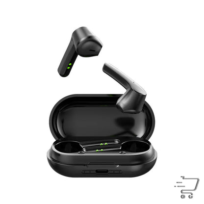 Black wireless earbuds with charging case featuring NFC voice control and music support