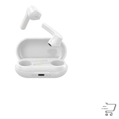 White wireless earbuds with charging case featuring NFC voice control and music support