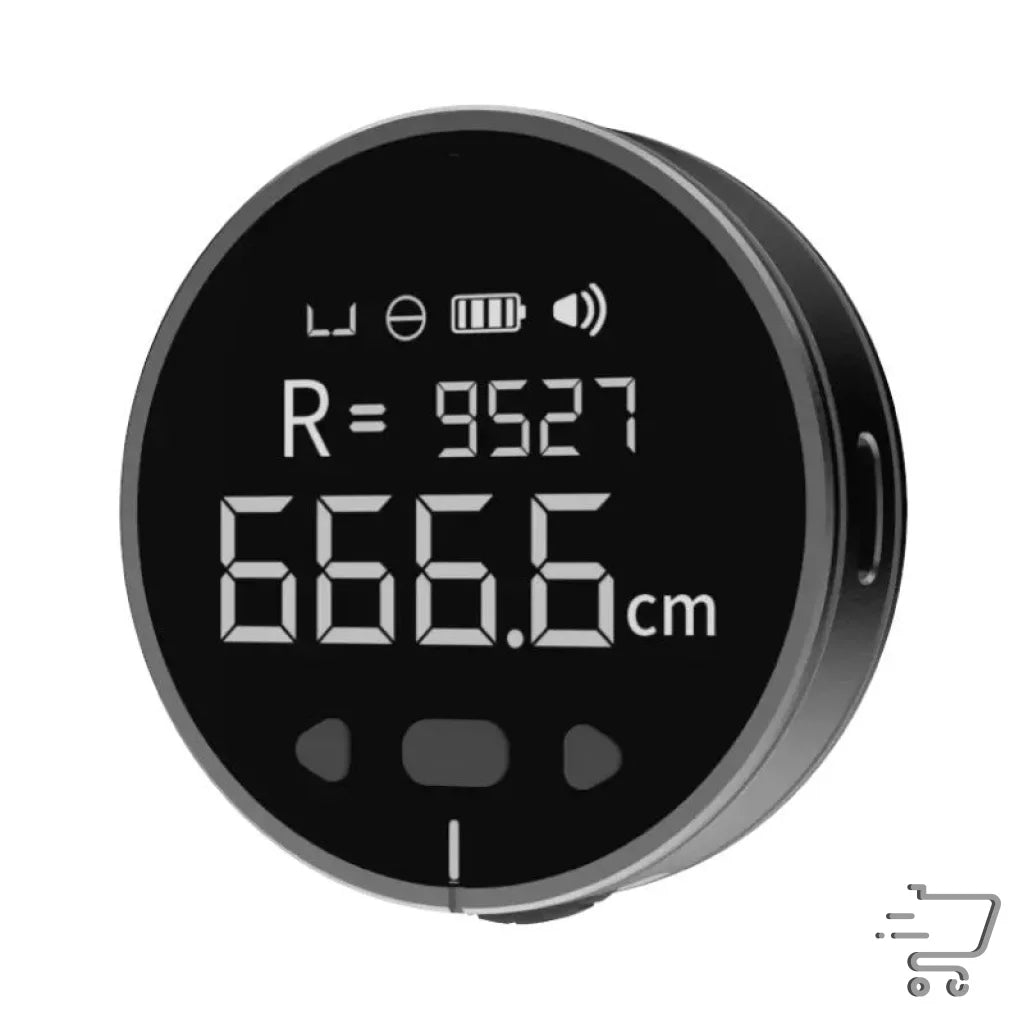 Circular digital mini measuring device displaying distance readings on a black display