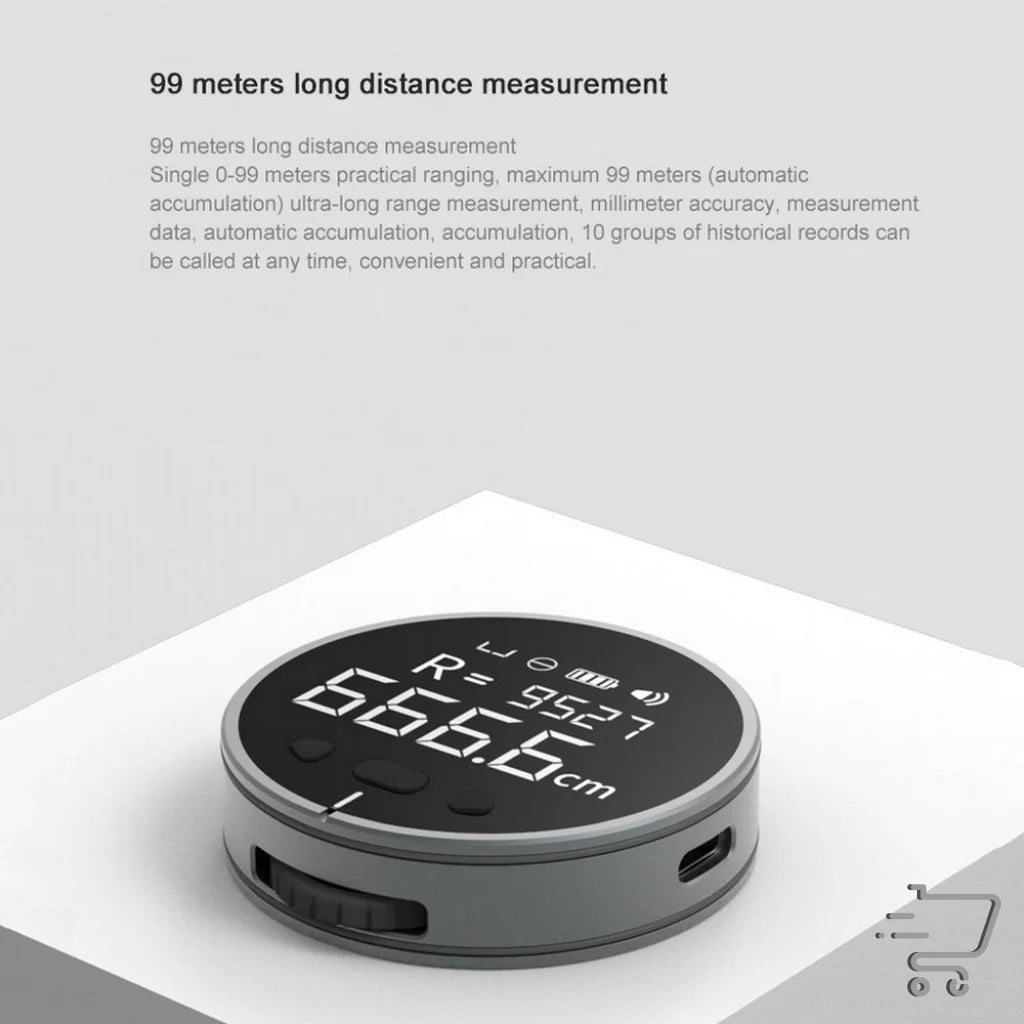 Circular digital mini measuring device with LED display showing meters in Compact 8-Function design