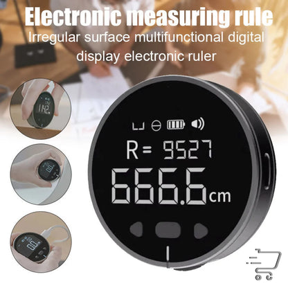 Circular electronic mini measuring device with digital display for distance measurements