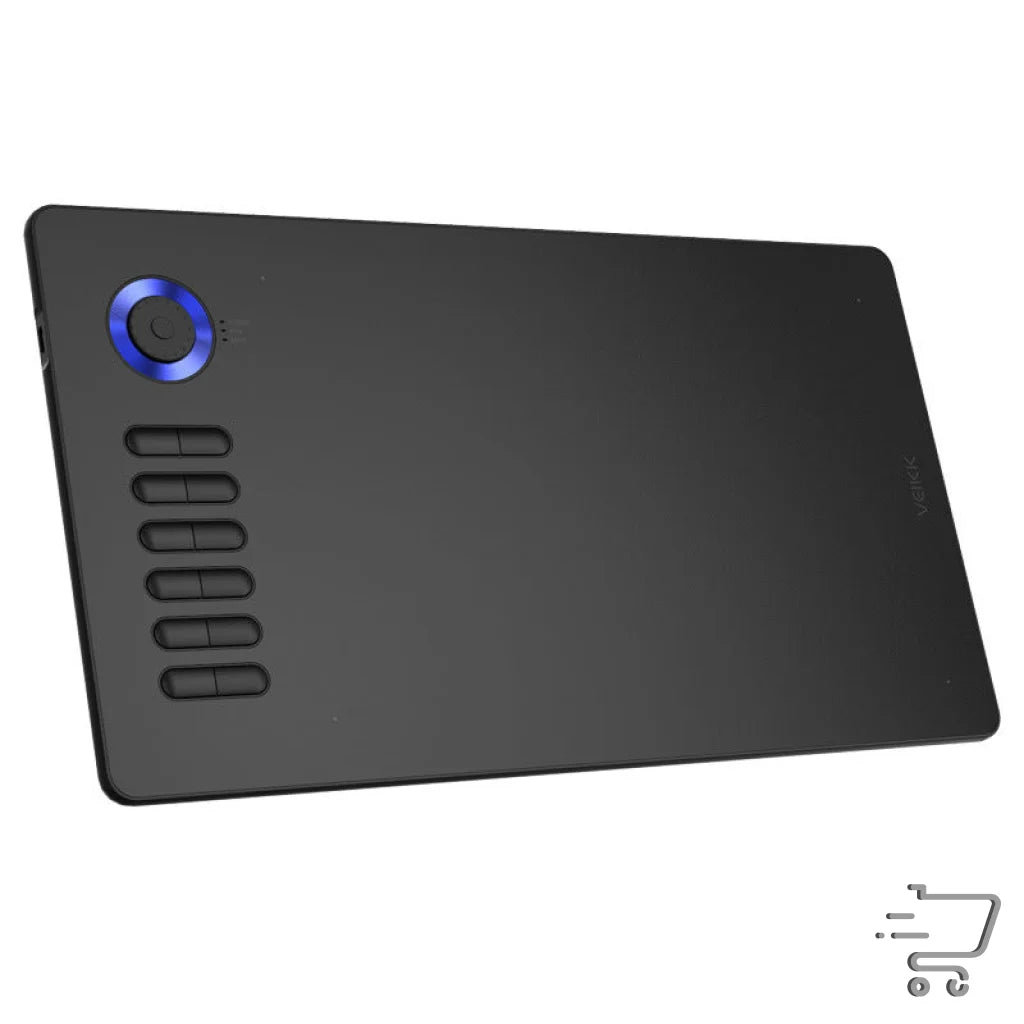 Digital drawing tablet featuring blue illuminated dial and shortcut buttons for efficiency