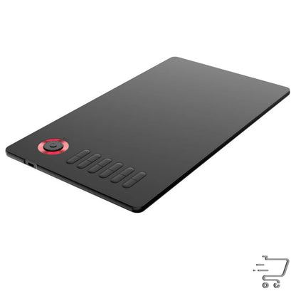 Graphics tablet featuring red circular button and shortcut keys for digital drawing