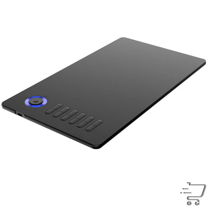 Slim black digital drawing tablet with blue power button and shortcut keys for artists