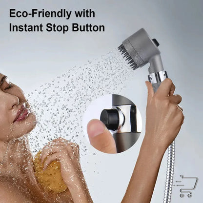 Eco-friendly high-pressure handheld shower head with stop button and water droplets