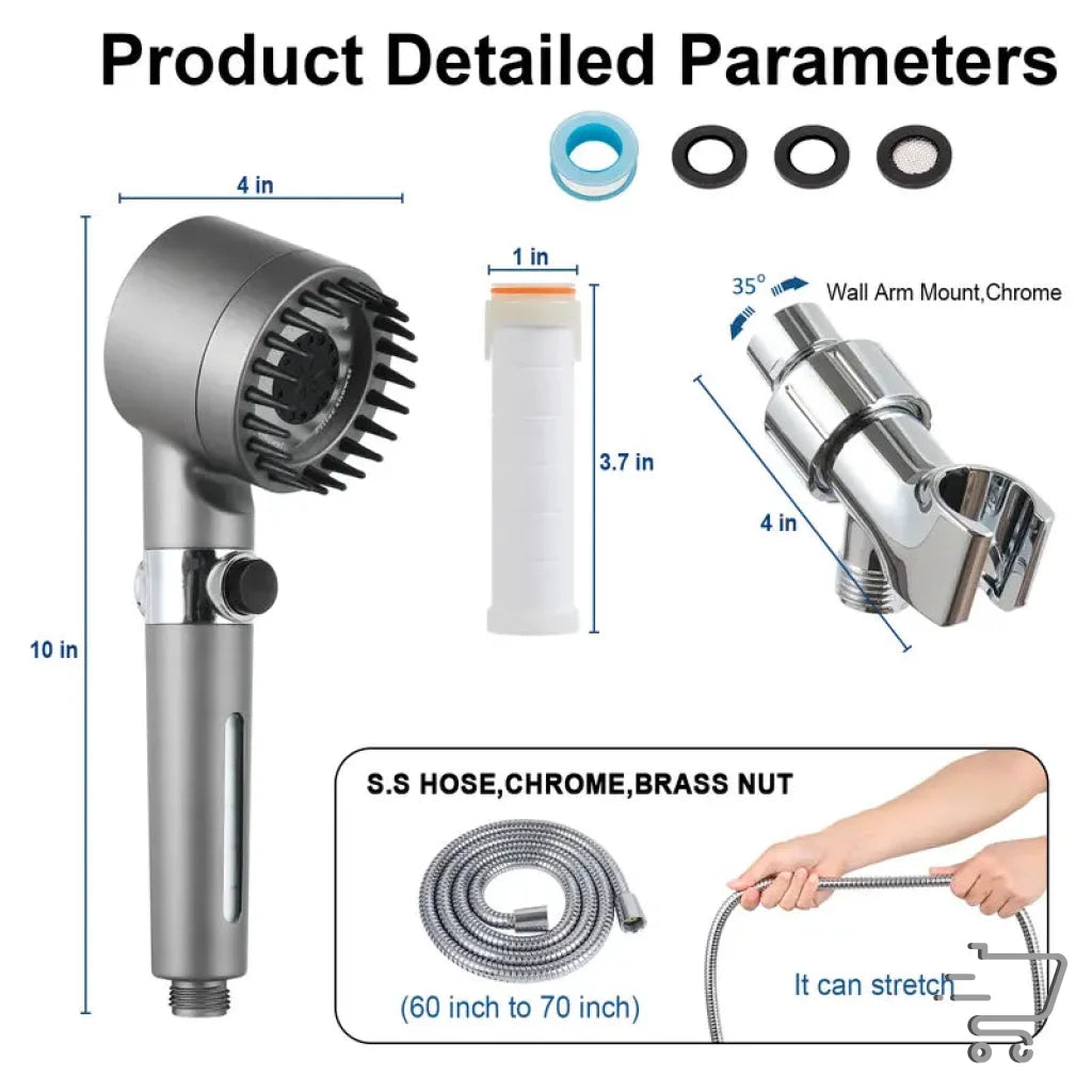 Eco-friendly high-pressure handheld shower head with multiple attachments and a stop button