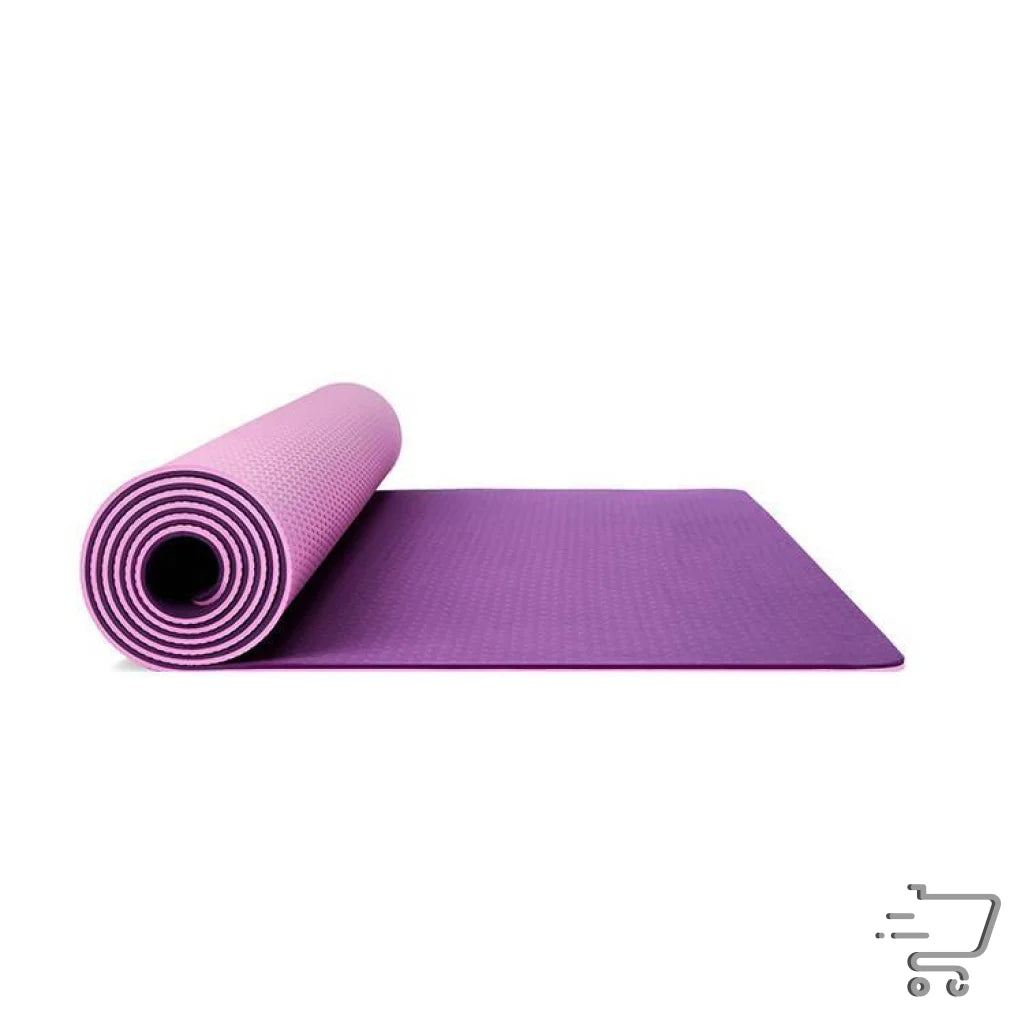 Partially rolled eco-friendly yoga towel in purple and pink, size 183cm x 61cm