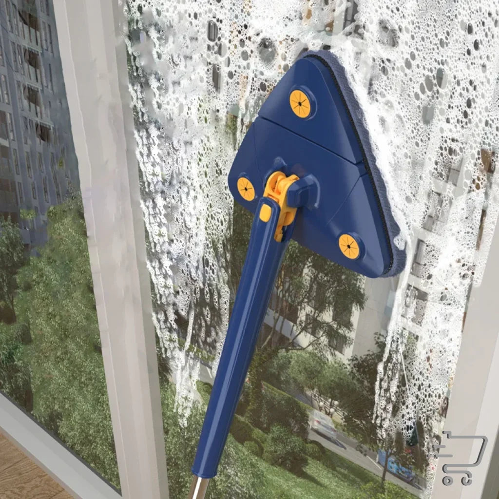 Blue window cleaning tool with triangular head and extendable handle for effortless cleaning