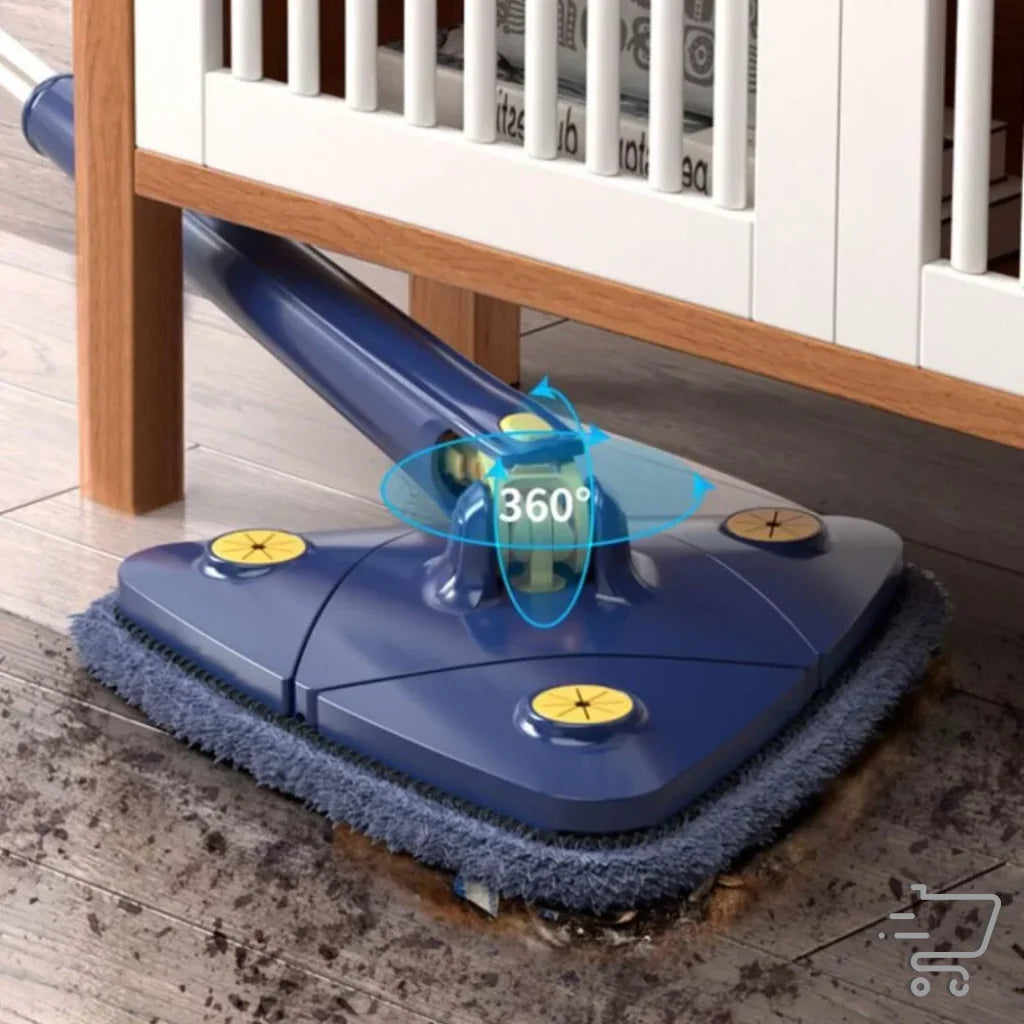 Flat blue robotic mop with 360-degree head and gray cleaning pad for effortless cleaning