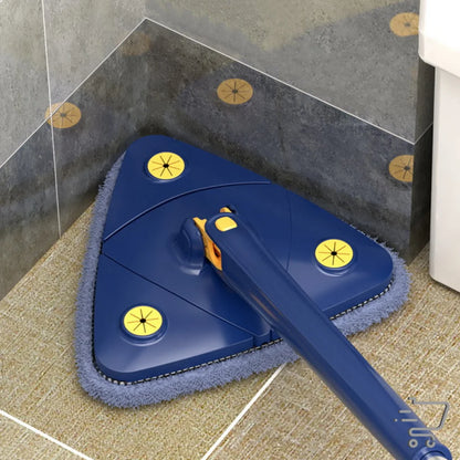 Triangular blue mop with yellow accents and extendable handle for efficient cleaning