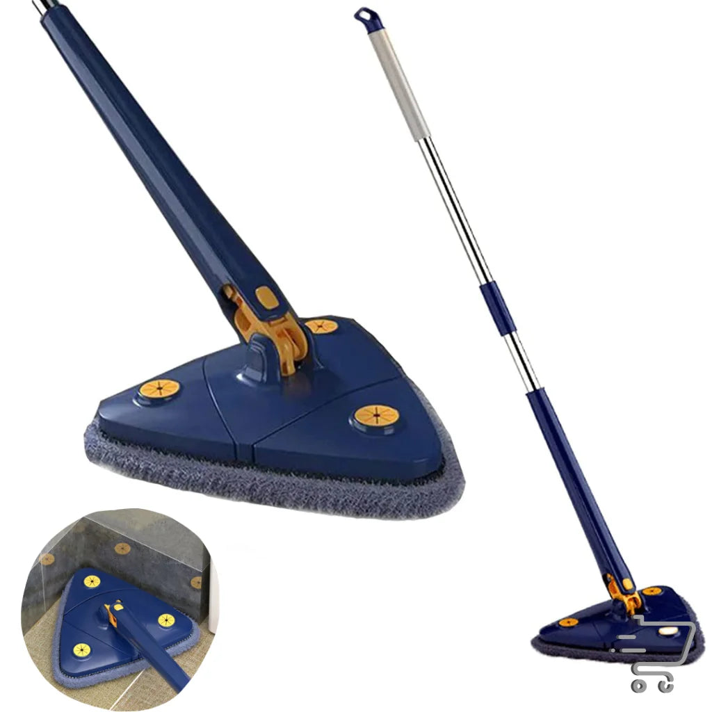 Triangular floor mop with extendable handle and blue base for efficient cleaning