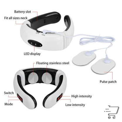 Electric Pulse Massager showing labeled components and pulse patch electrodes for relief