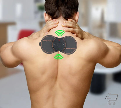 Electronic Pulse Massager with Adjustable Strength in use on a person’s upper back