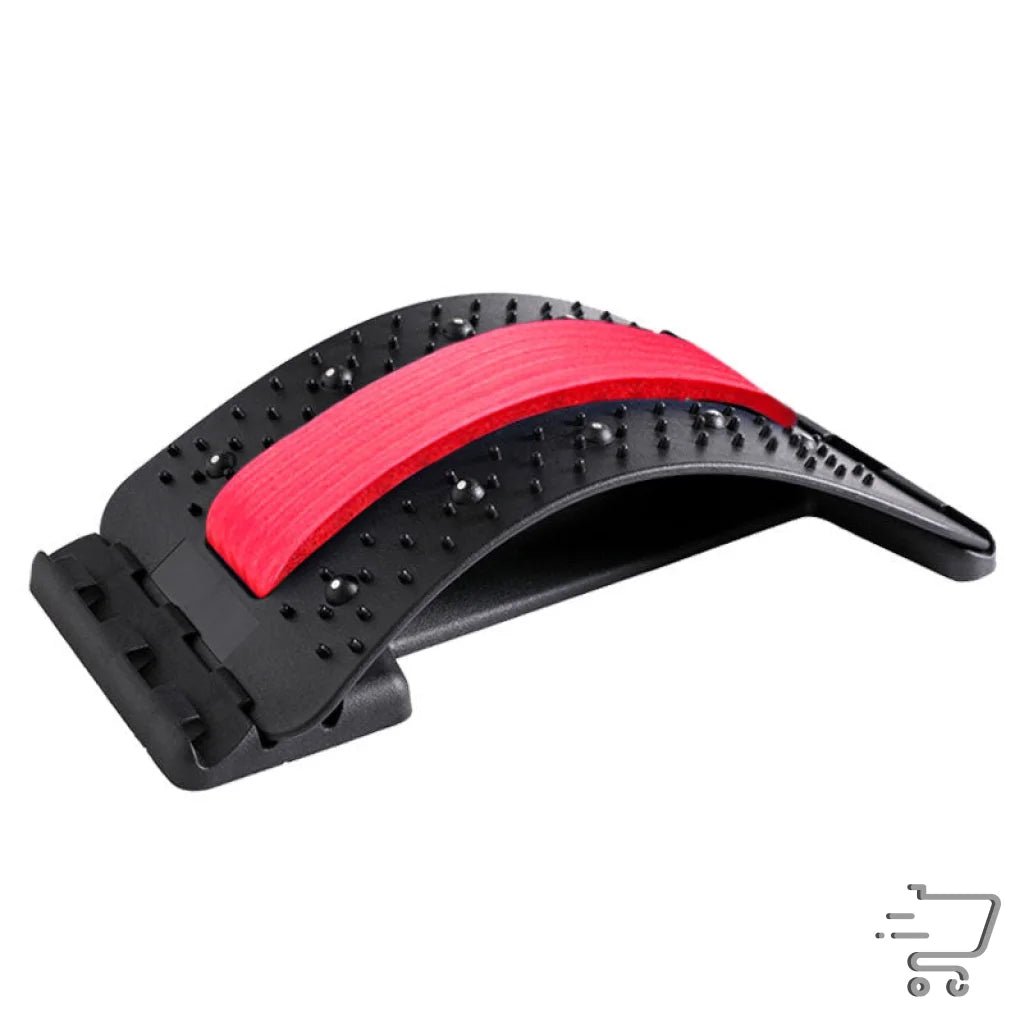 Ergonomic self-massage device with curved black base and red cushioned support