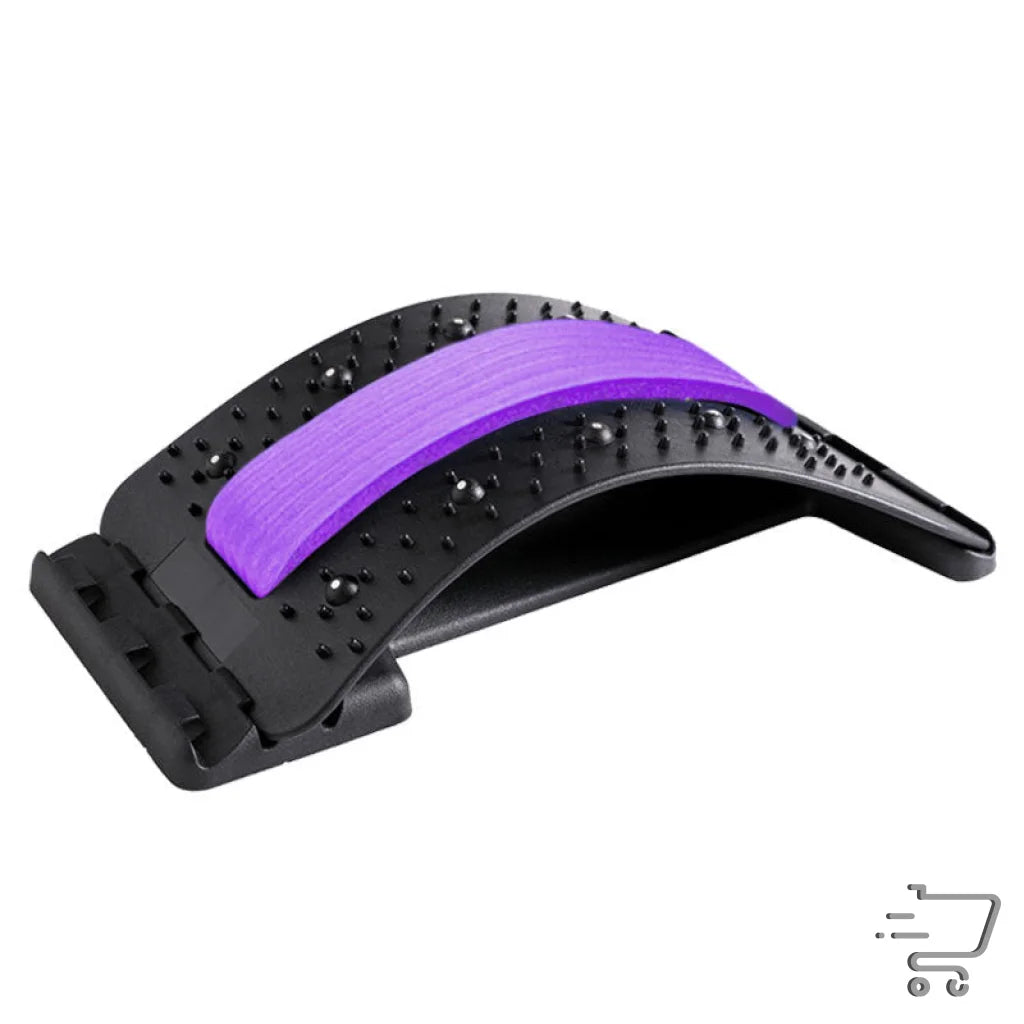 Ergonomic self-massage device with curved black base and purple cushioned center