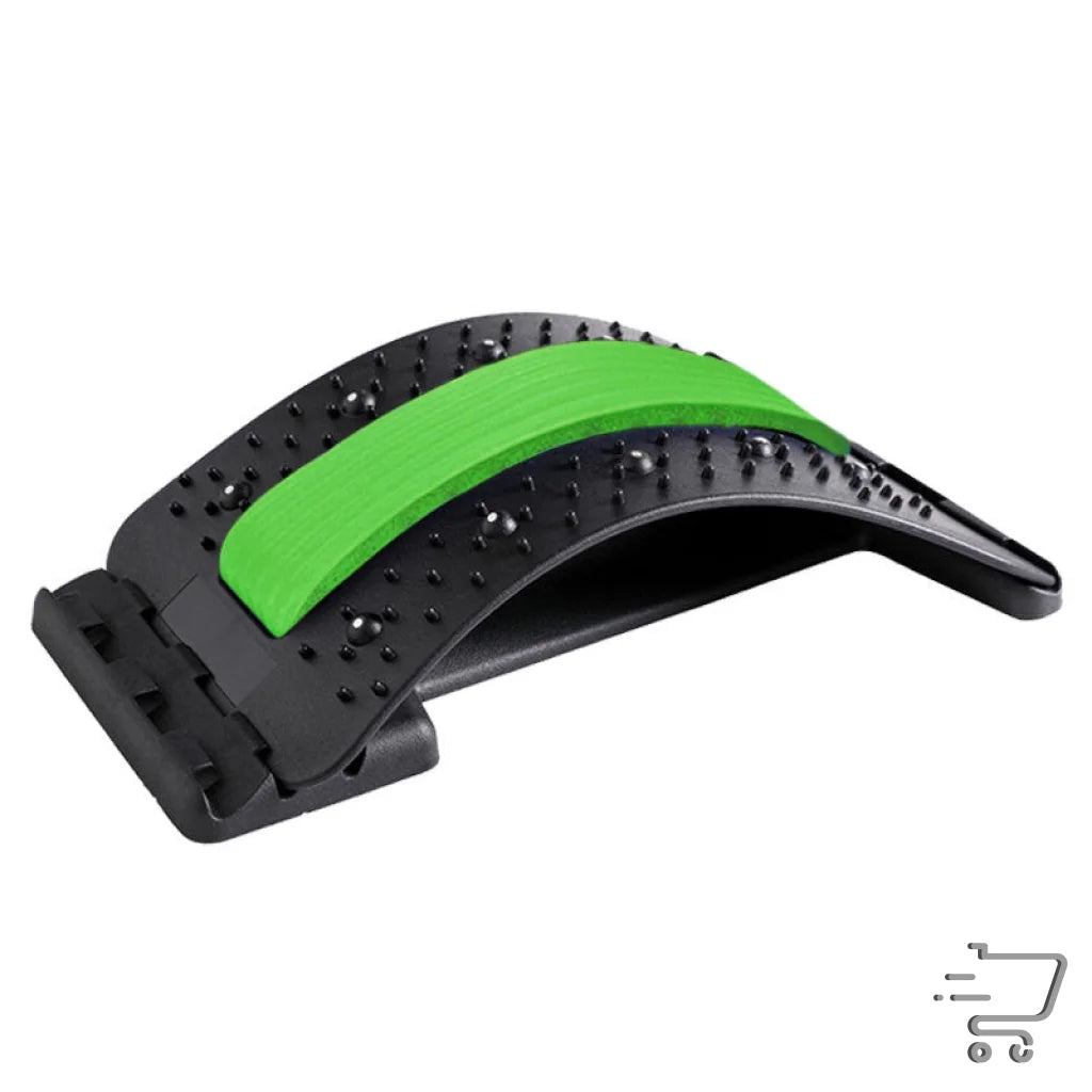 Ergonomic self-massage device featuring a curved black base and green support cushion