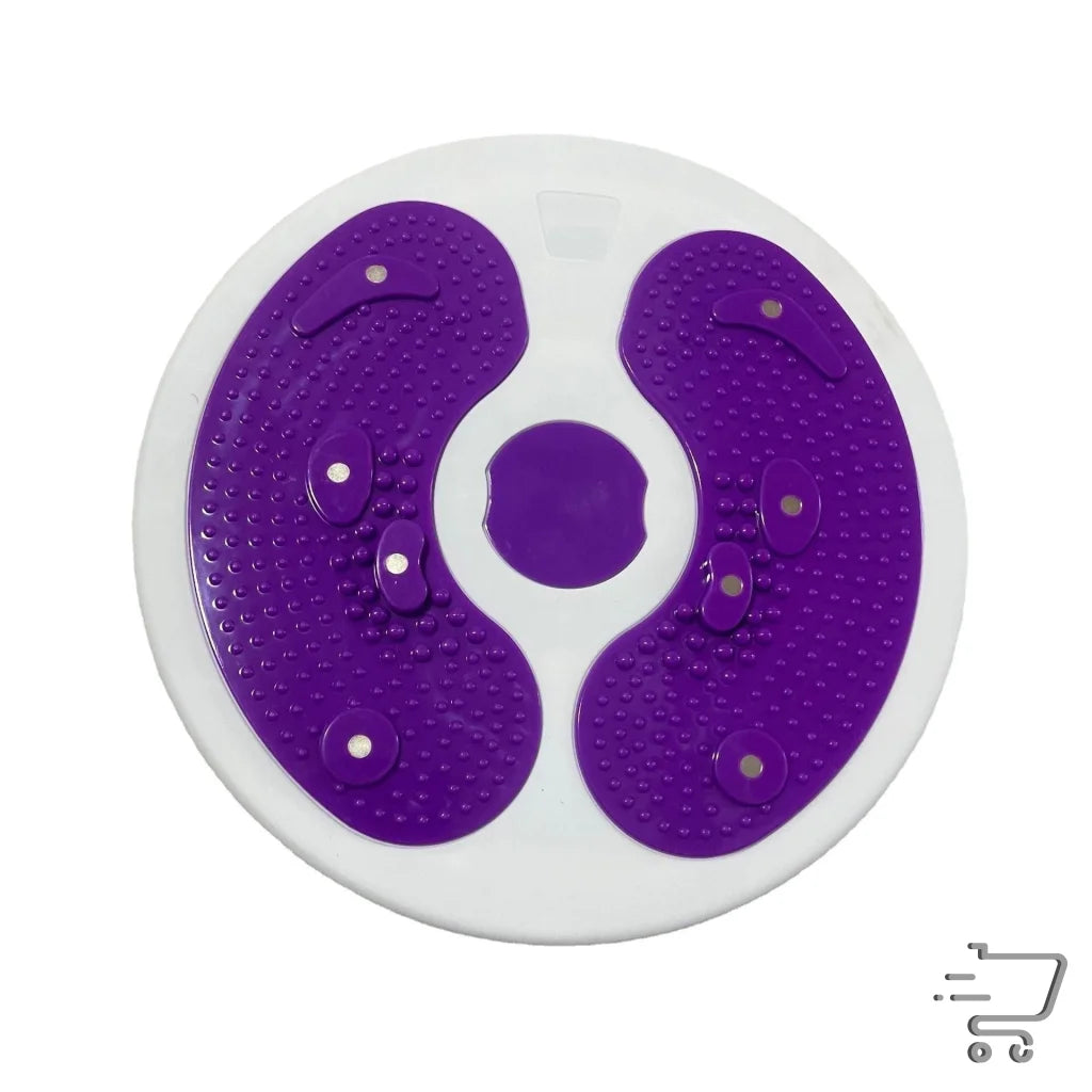 Circular white spinning disc for fitness equipment with purple yin-yang design