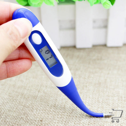 Digital thermometer with blue and white design shows temperature for high precision thermistor