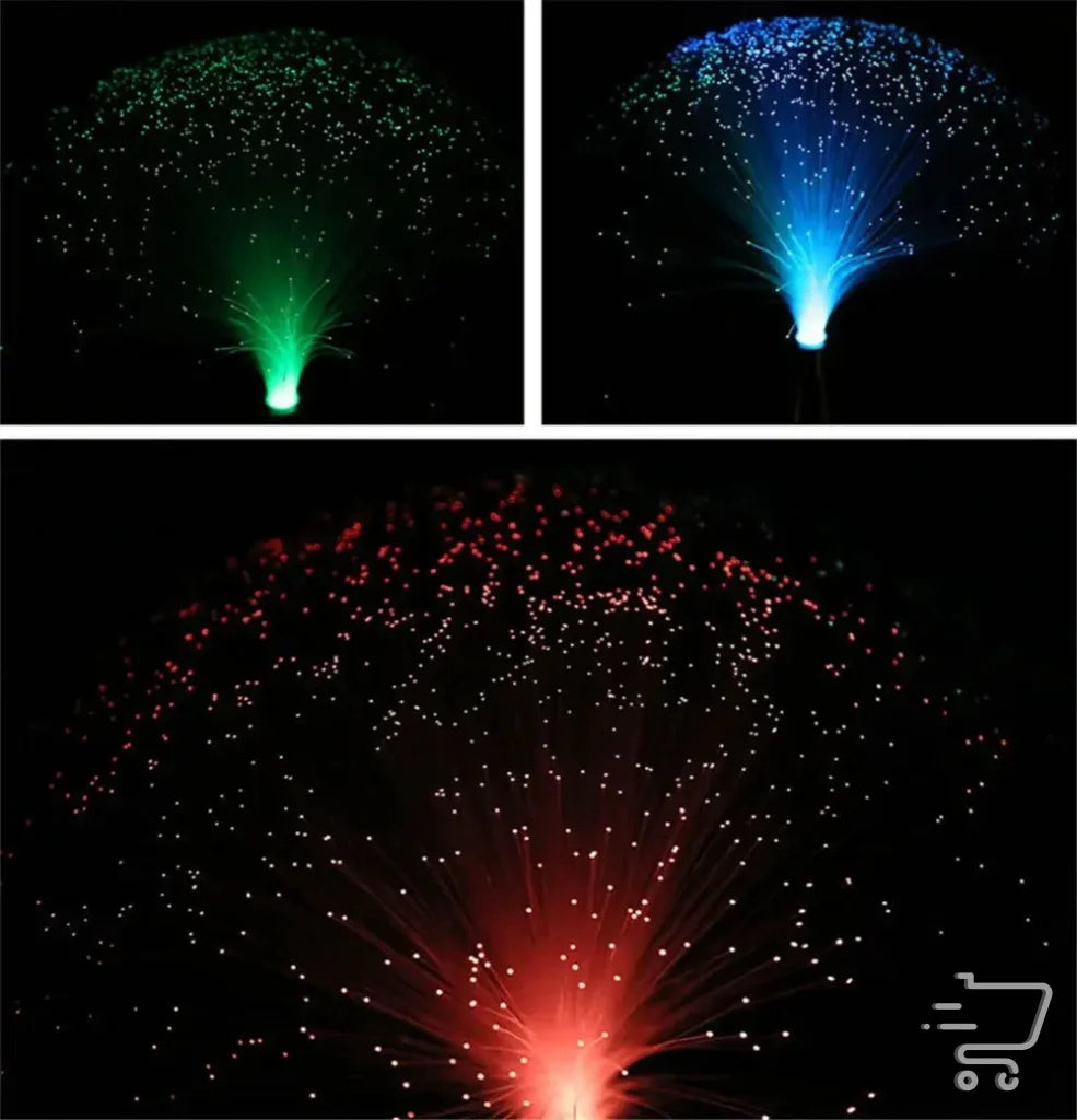 Fiber optic lamps with colorful sprays of light in green, blue, and red