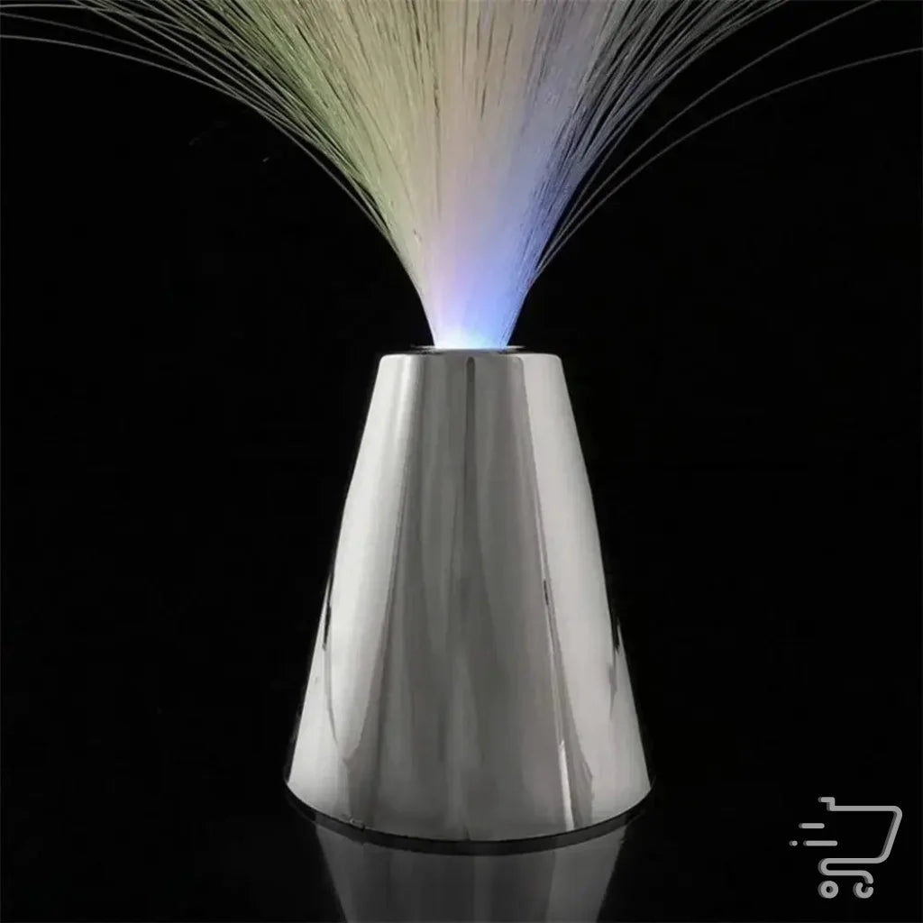 Metallic conical device emitting colorful fiber optic strands for enchanting lighting