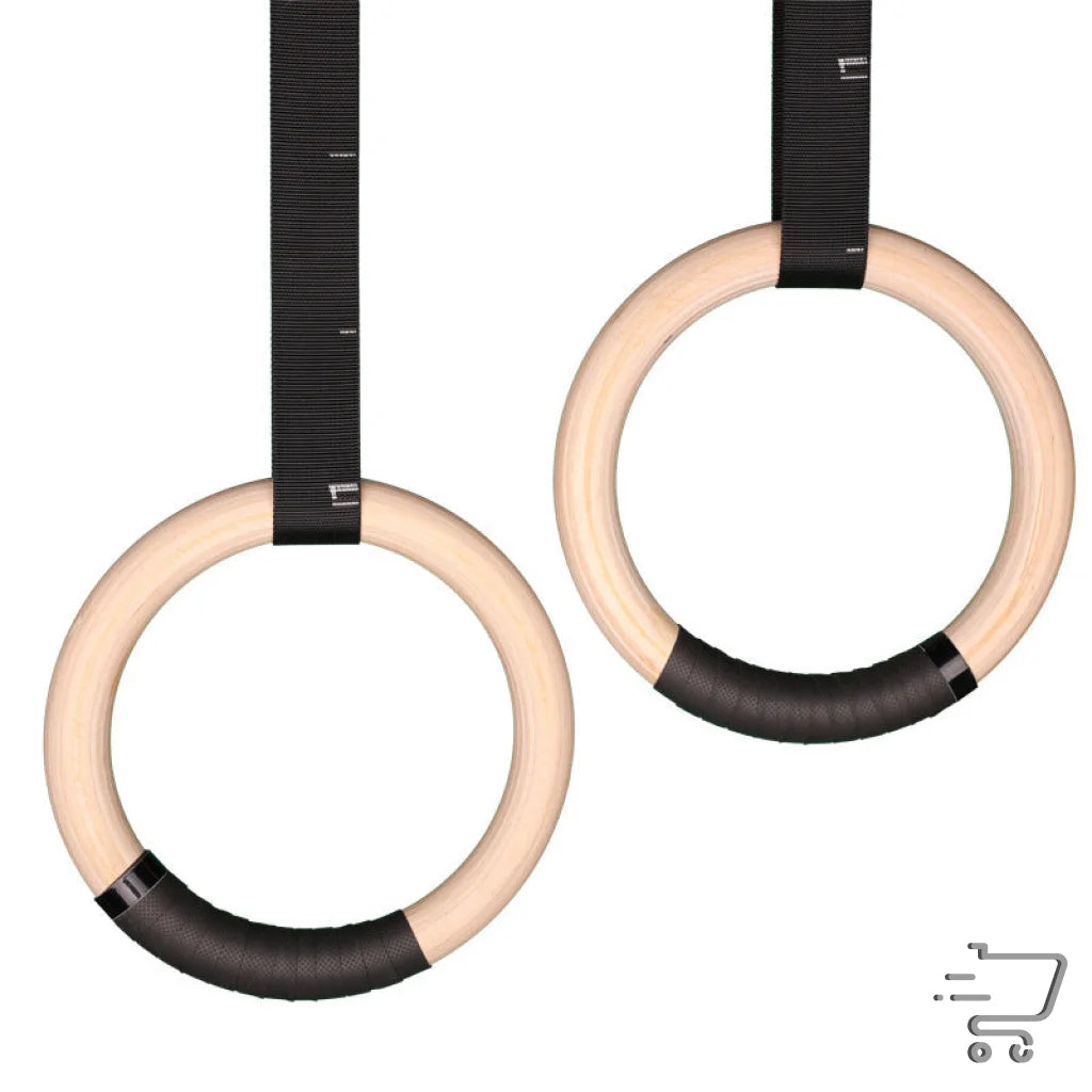 Versatile Birch Rings with Wooden Grips and Black Nylon Straps for Indoor and Outdoor Use