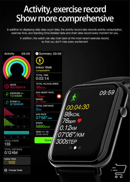 Smartwatch displaying fitness tracking data, IP67 waterproof Bluetooth 5.2 technology