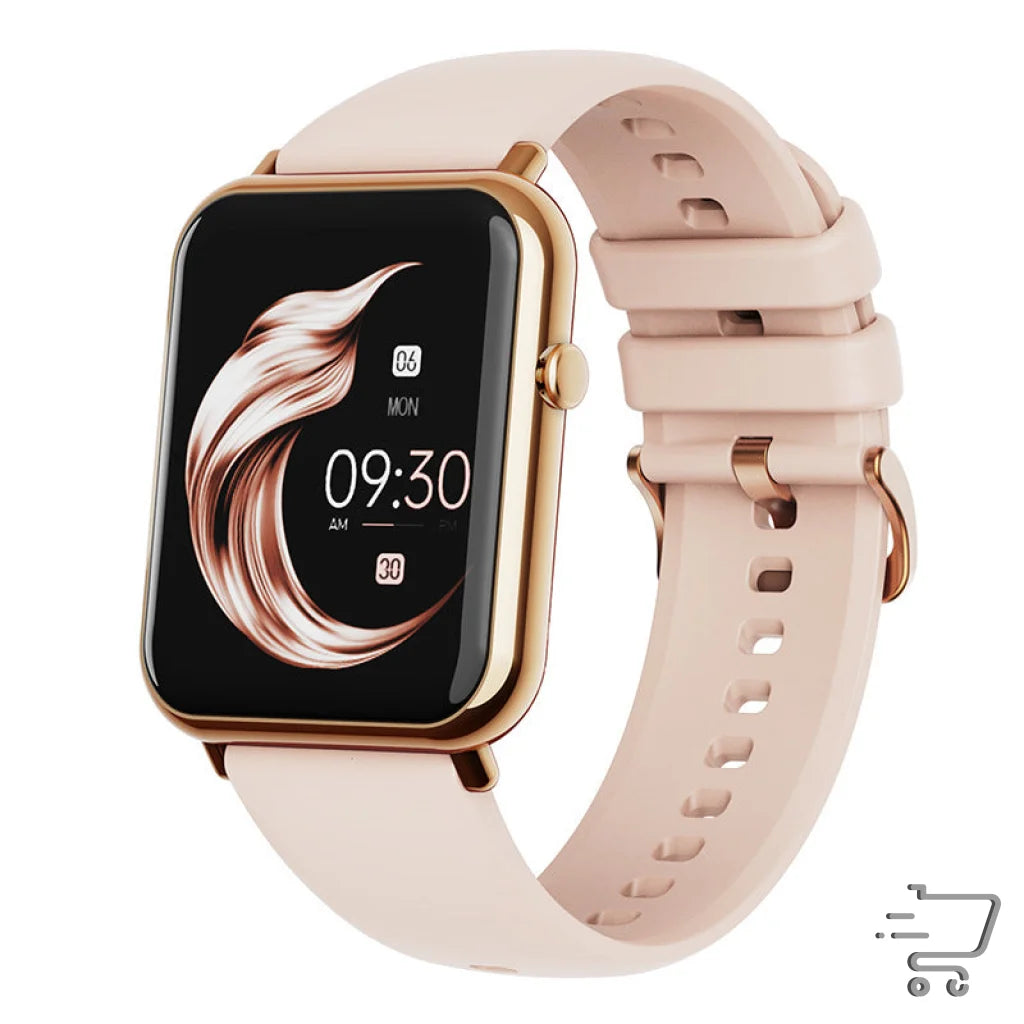 Smartwatch with rose gold case and pink strap, featuring IP67 waterproof Bluetooth 5.2