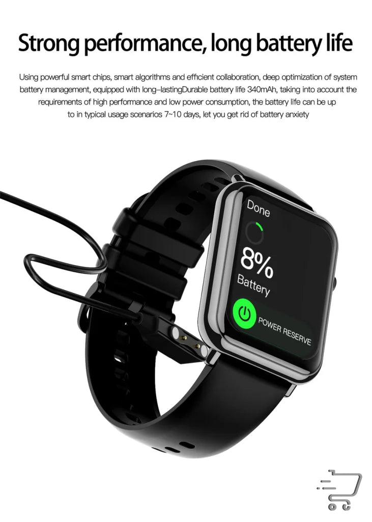 Smartwatch with black band showing battery percentage, featuring IP67 Waterproof Bluetooth