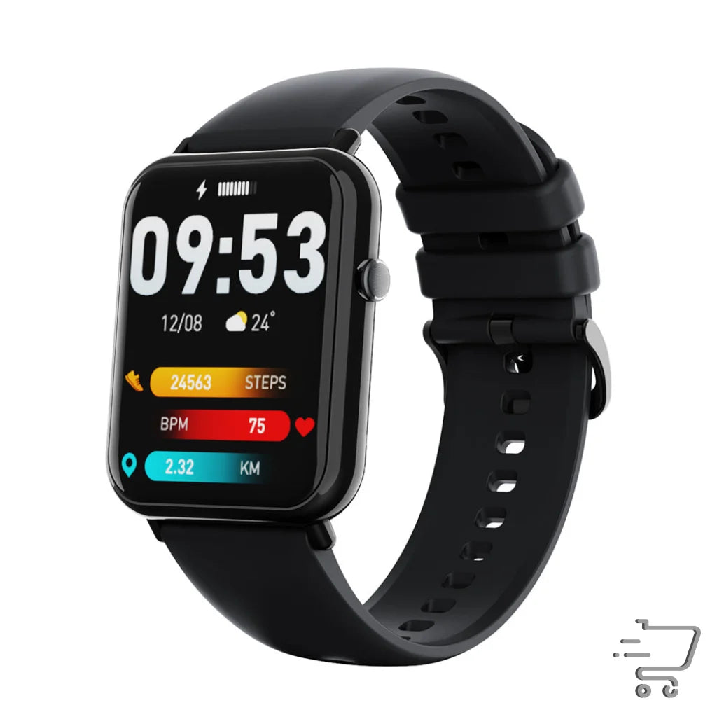 IP67 Waterproof Bluetooth Smartwatch displaying time and fitness metrics on black strap