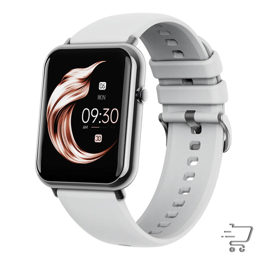 Smartwatch with square display and light gray strap, featuring IP67 Waterproof Bluetooth