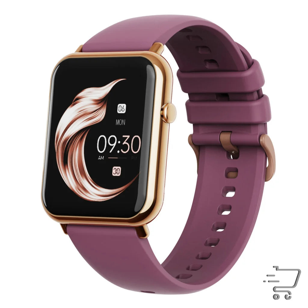 Smartwatch with gold-tone case, purple strap, IP67 waterproof Bluetooth display