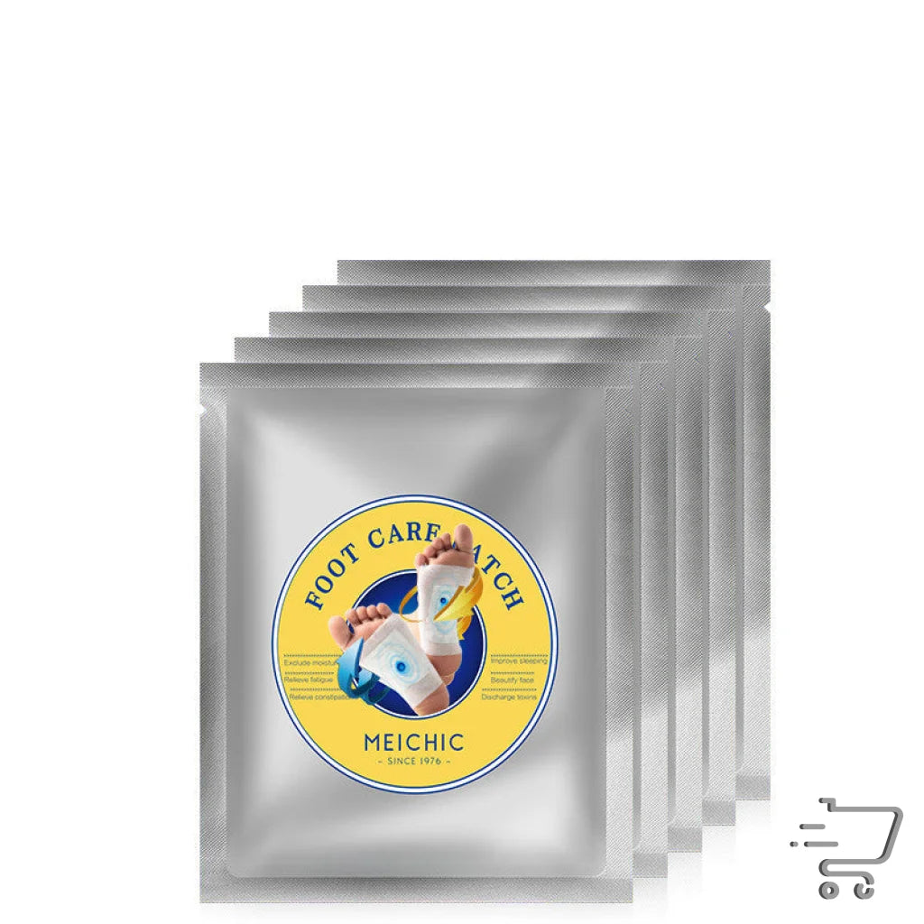 Stack of silver foil packets with Unicorn logo for Meishi Foot Care Paste Soothing Patch