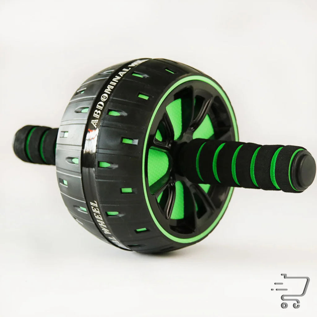 Ab roller wheel with green accents and black grips for fitness equipment using plastic steel tube