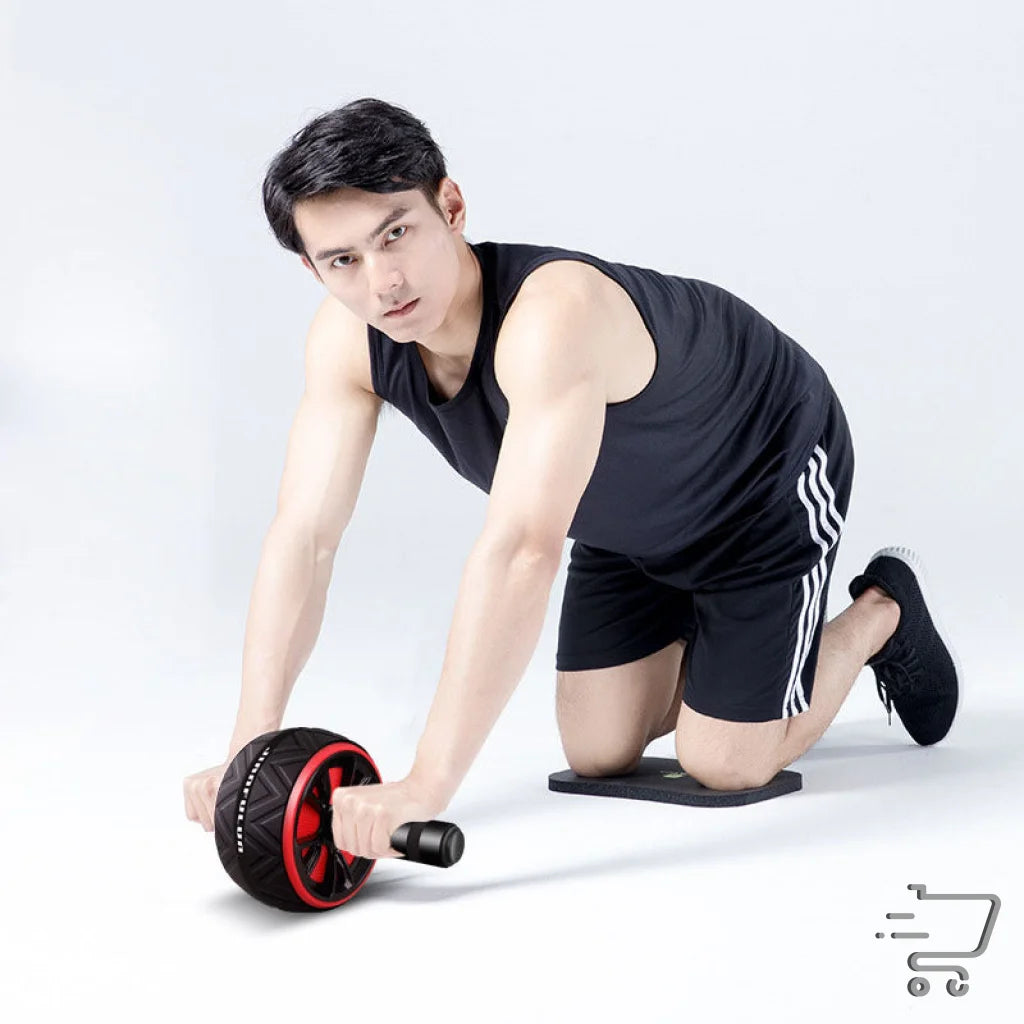 Ab wheel exercise device with a red and black roller on plastic steel tube