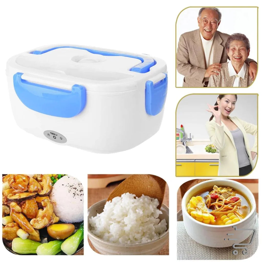 Electric lunch box with blue accents for portable meal warming on the go