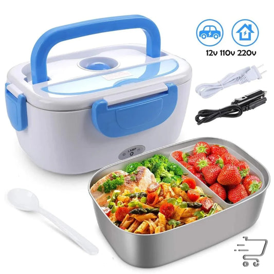 Electric lunch box with stainless steel tray and blue accents for portable meals