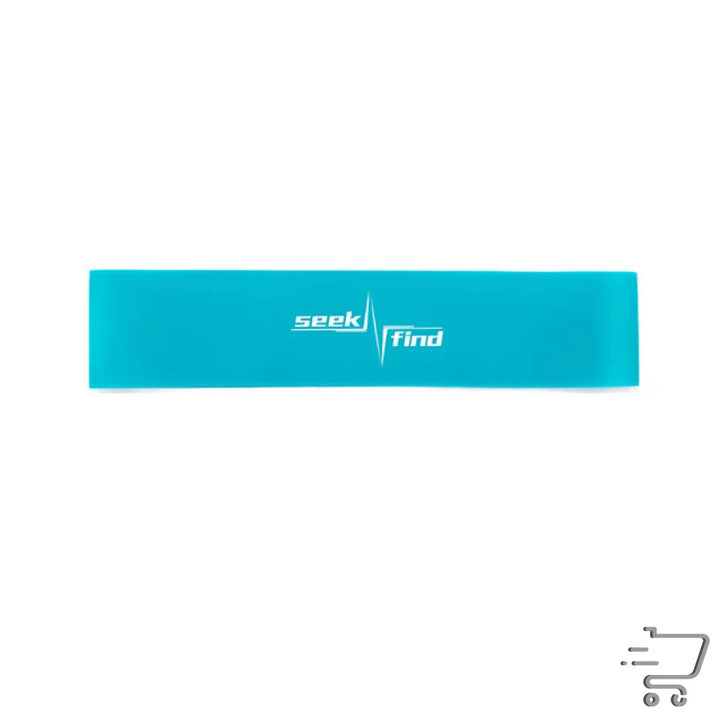 Teal elastic band with seek/find text from Rubber Chain Box Tractor for home gym training