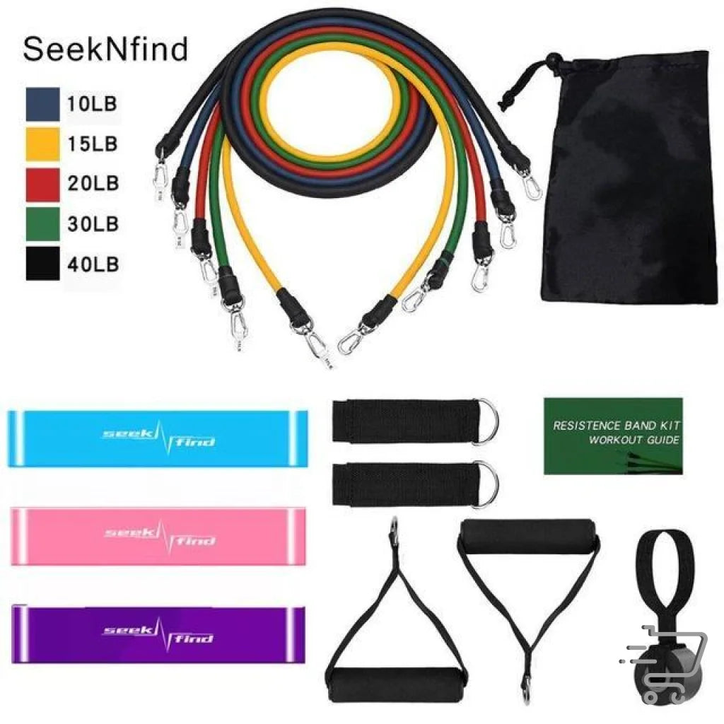 Resistance band set with colorful elastic bands, handles, and carrying bag for training