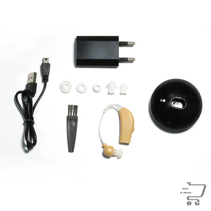 Hearing aid with accessories including charger, USB cable, and ear tips for silicone black hearing