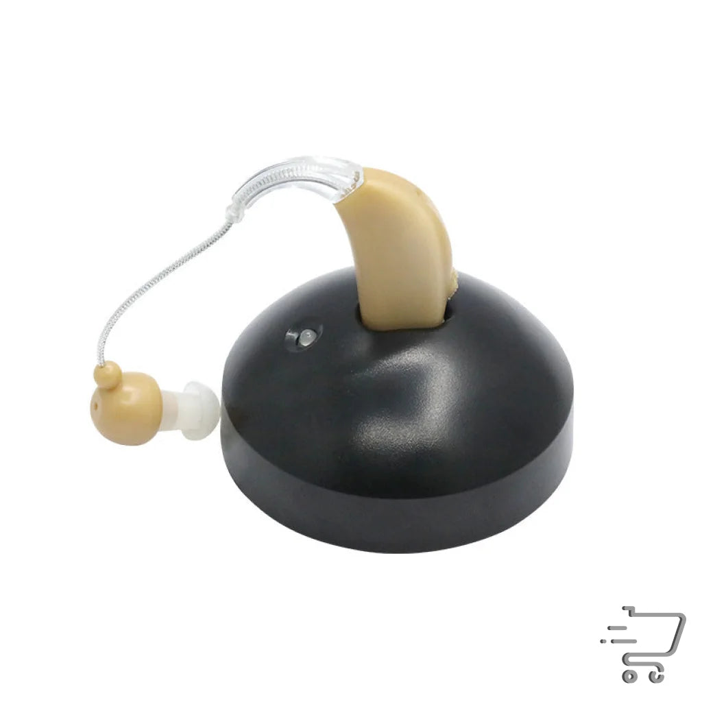 Hearing aid with black base and beige earpiece for moisture regulation in silicone black hearing