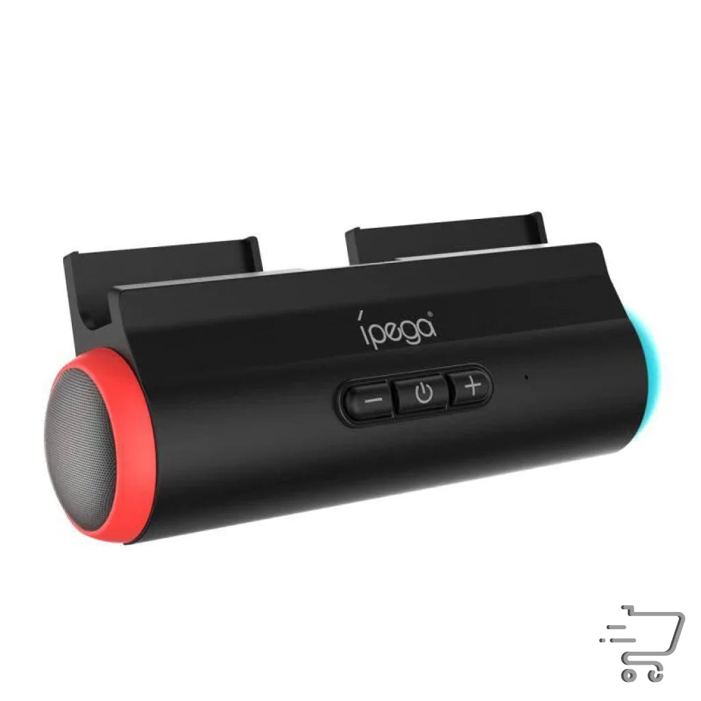 Cylindrical black speaker with red and blue accents for Switch Lite compatible game console