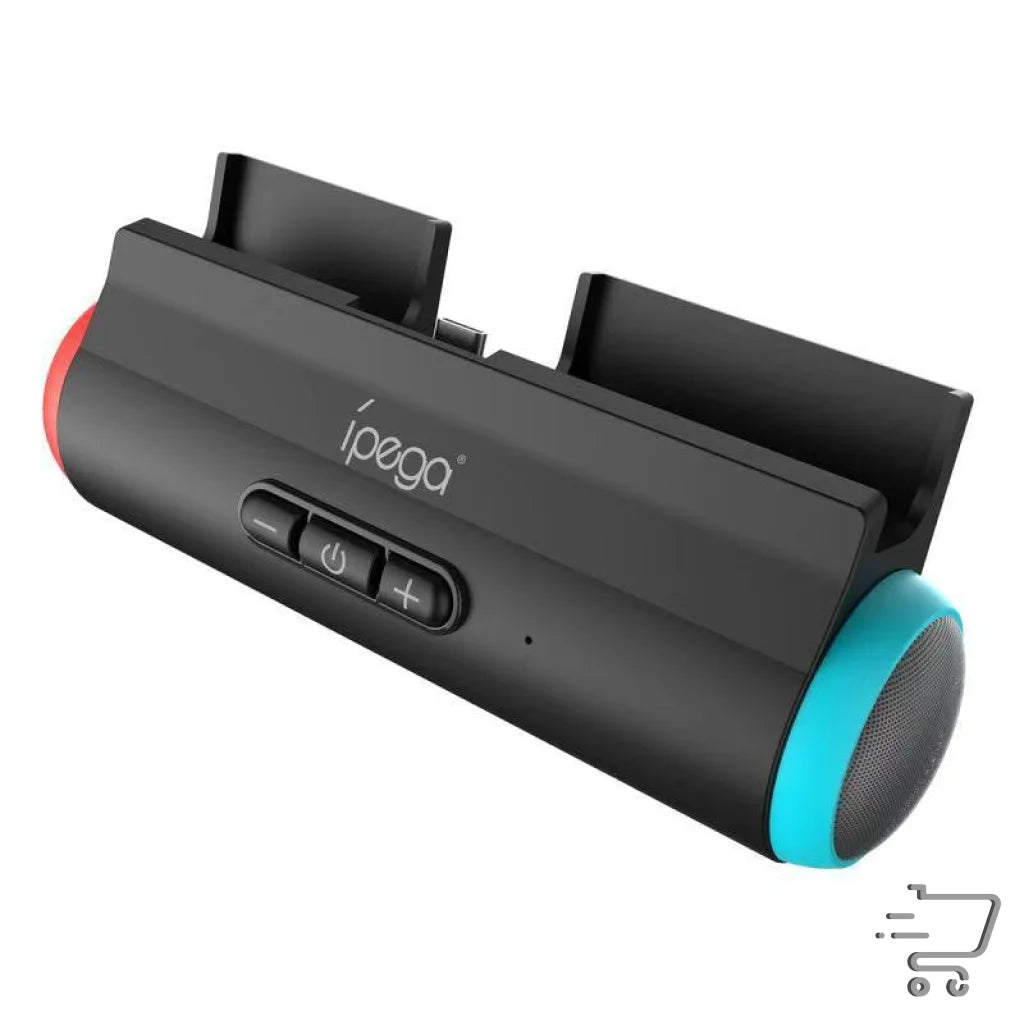 Cylindrical black speaker with red and blue accents for Lite Compatible Game Console