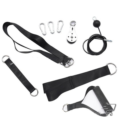 Collection of black straps, carabiners, and pulley components for Triceps Strap and Dumbbell Tray