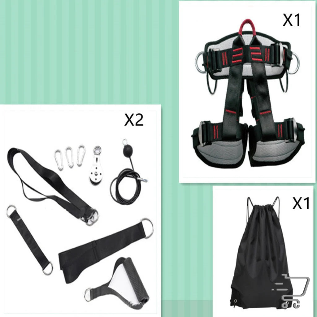 Climbing harness and safety gear with Triceps Strap, Wire Rope, and Dumbbell Tray